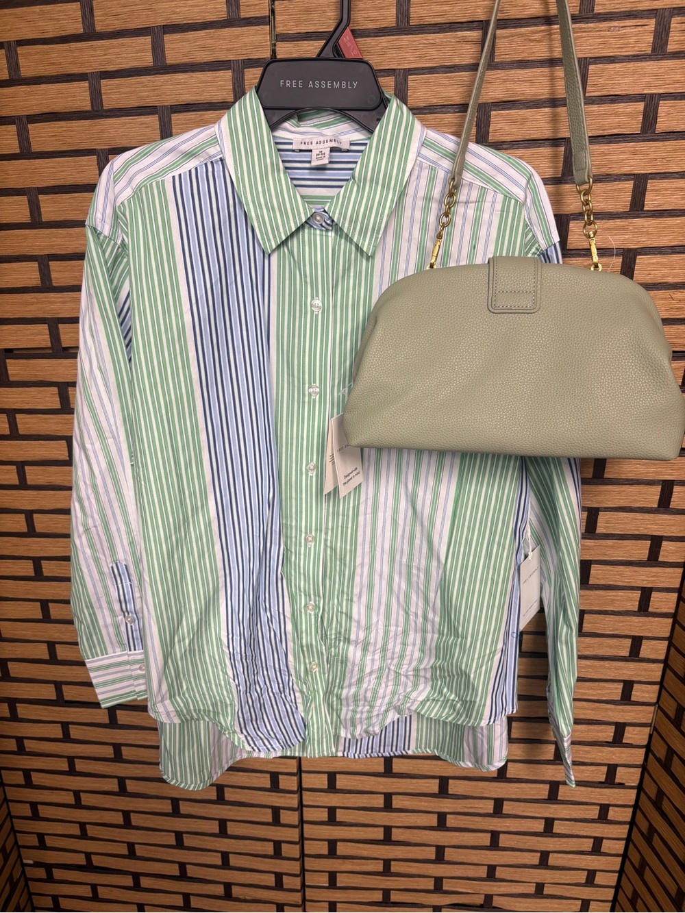 Free Assembly Blue and Green Stripe Button Shirt And‎ Green Handbag Size medium